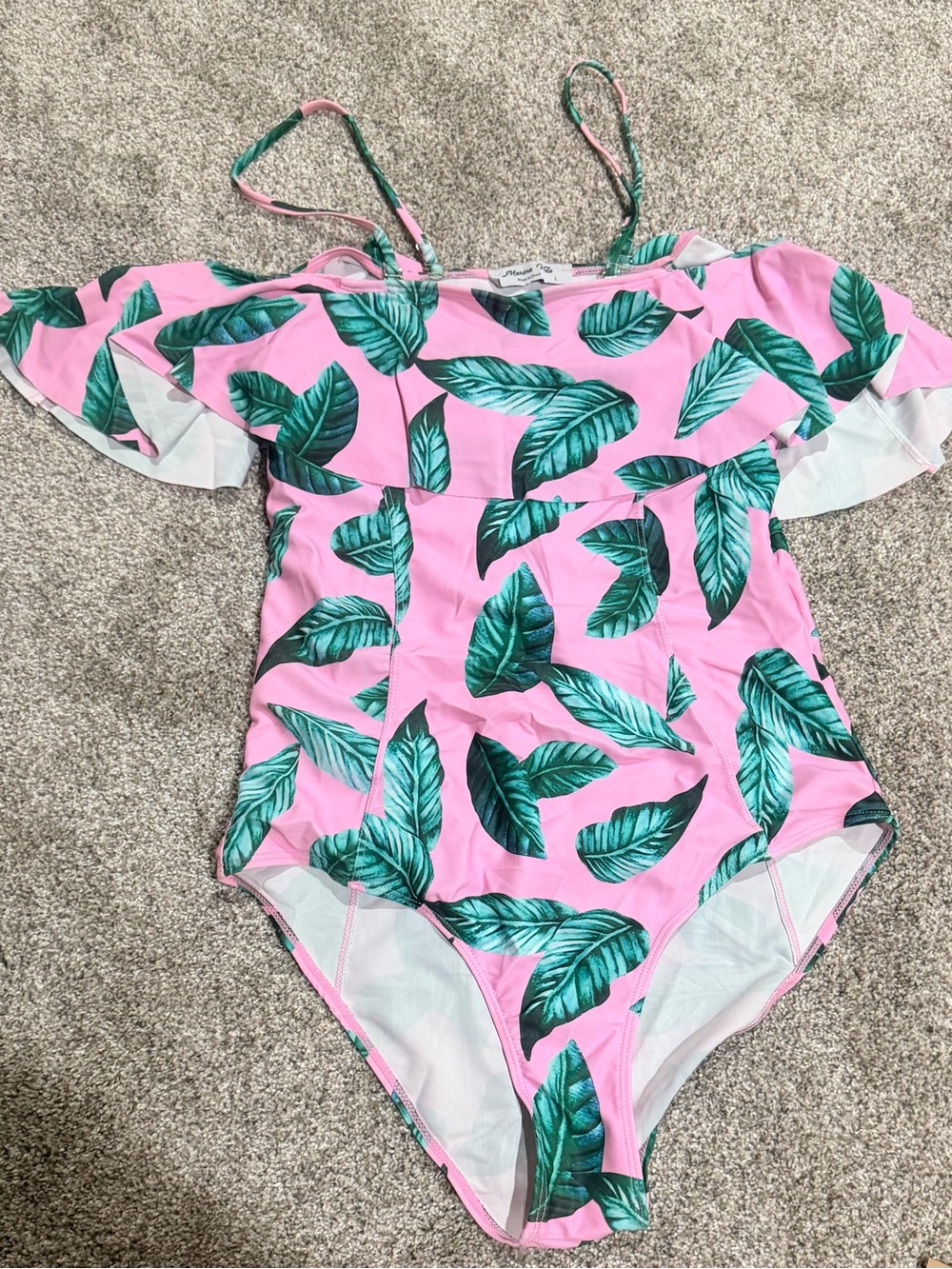 Marina Vida Women’s Pink Tropical Leaf Off-Shoulder One-Piece Swimsuit
